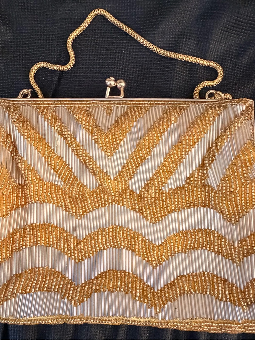 Vintage 1960s Walborg Beaded Evening Bag Gold Chevron Art Deco Clutch